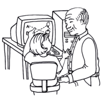 Desenho de Pai e filha usando computador para colorir