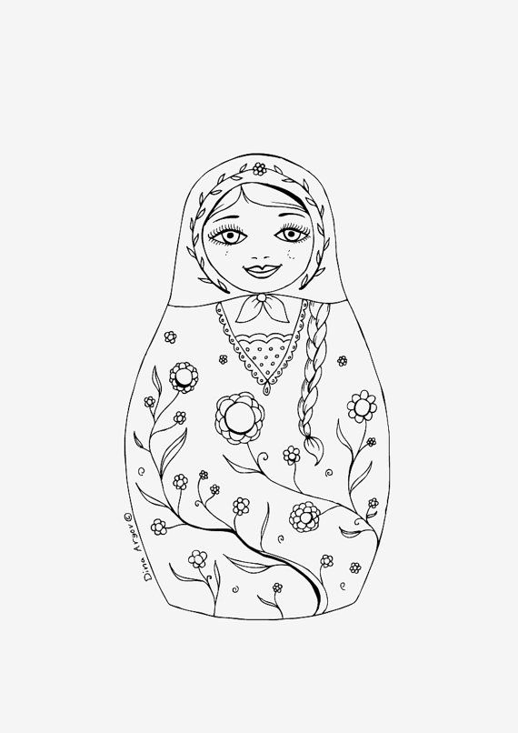 Desenho de arte de linha fina de boneca russa de nidificação ícone  matryoshka para colorir e imprimir