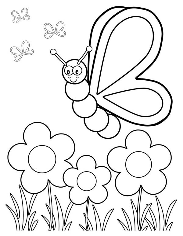 Desenho de Borboleta entre flores no jardim para colorir - Tudodesenhos
